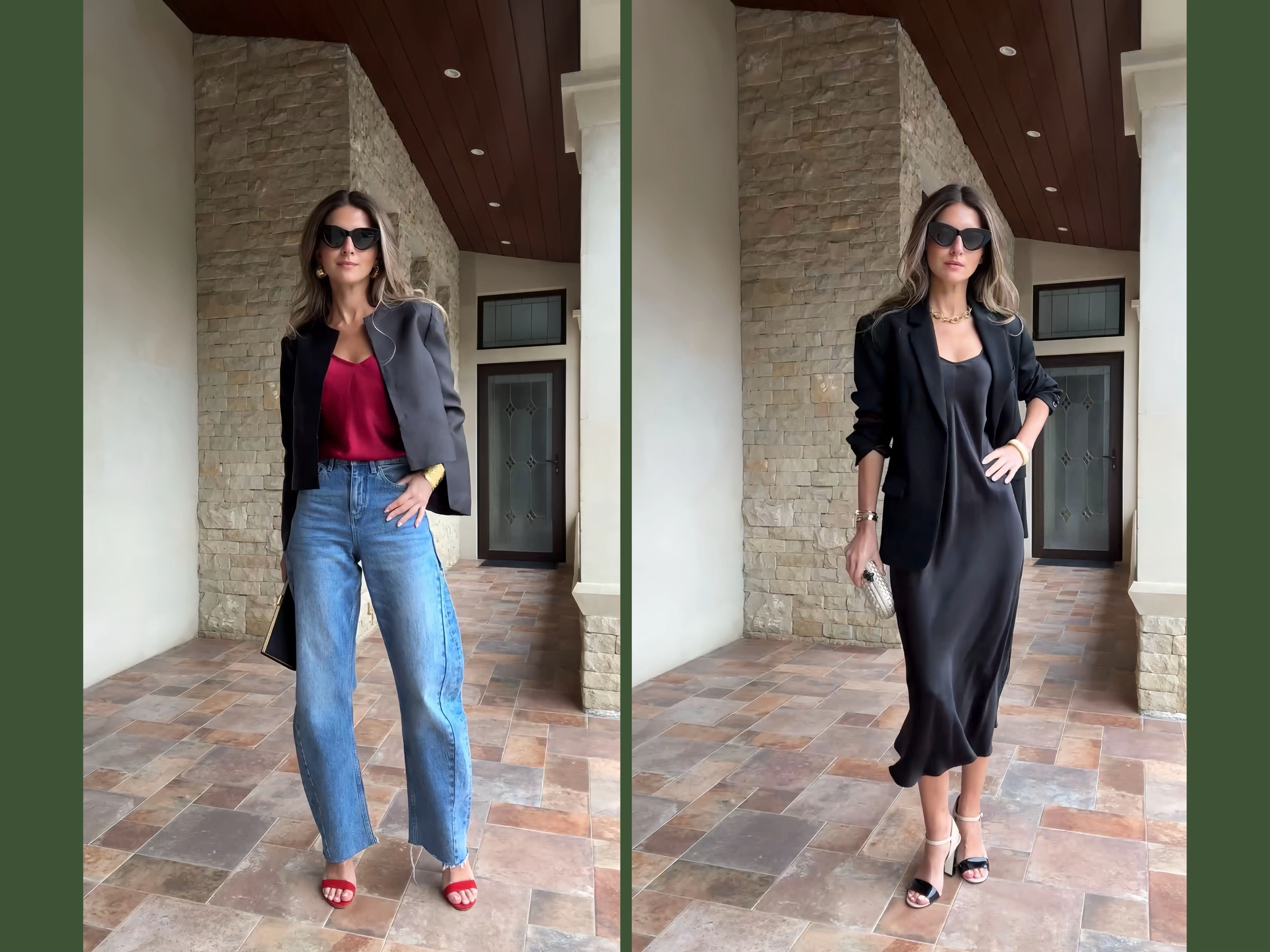 Influencer showcasing two stylish silk sleepwear outfits—camisole set and slip dress, with accessories.