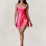 Pure Silk Lace Trim Chemise Nightgown with Split Hem In Rose Pink