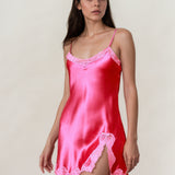 Pure Silk Lace Trim Chemise Nightgown with Split Hem In Rose Pink