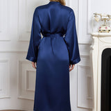 Long Silk Robe – Navy Dressing Gown