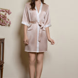 Short Silk Robe with Contrast Trim – Pale Pink