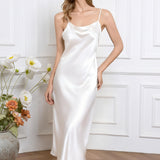 Silk Long Slip Dress – Cowl Neck in White