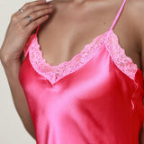 Pure Silk Lace Trim Chemise Nightgown with Split Hem In Rose Pink