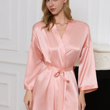 Pink silk kimono robe with long sleeves and tie belt – classic loungewear silk robe for women