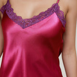 Pure Silk Lace Trim Chemise Nightgown with Split Hem In Fuchsia