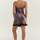 Pure Silk Lace Trim Chemise Nightgown with Split Hem In Quartz Purple