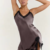 Pure Silk Lace Trim Chemise Nightgown with Split Hem In Quartz Purple