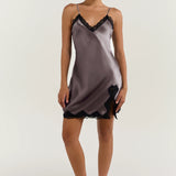 Pure Silk Lace Trim Chemise Nightgown with Split Hem In Quartz Purple