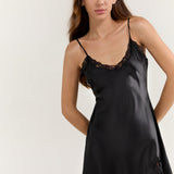 Pure Silk Lace Trim Chemise Nightgown with Split Hem In Black