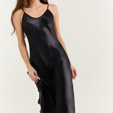 Pure Silk Spaghetti Strap Long Dress In Black