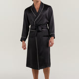 Man wearing Jasmisilk men's black pure silk robe