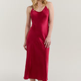 Pure Silk Spaghetti Strap Long Dress In Burgundy Red