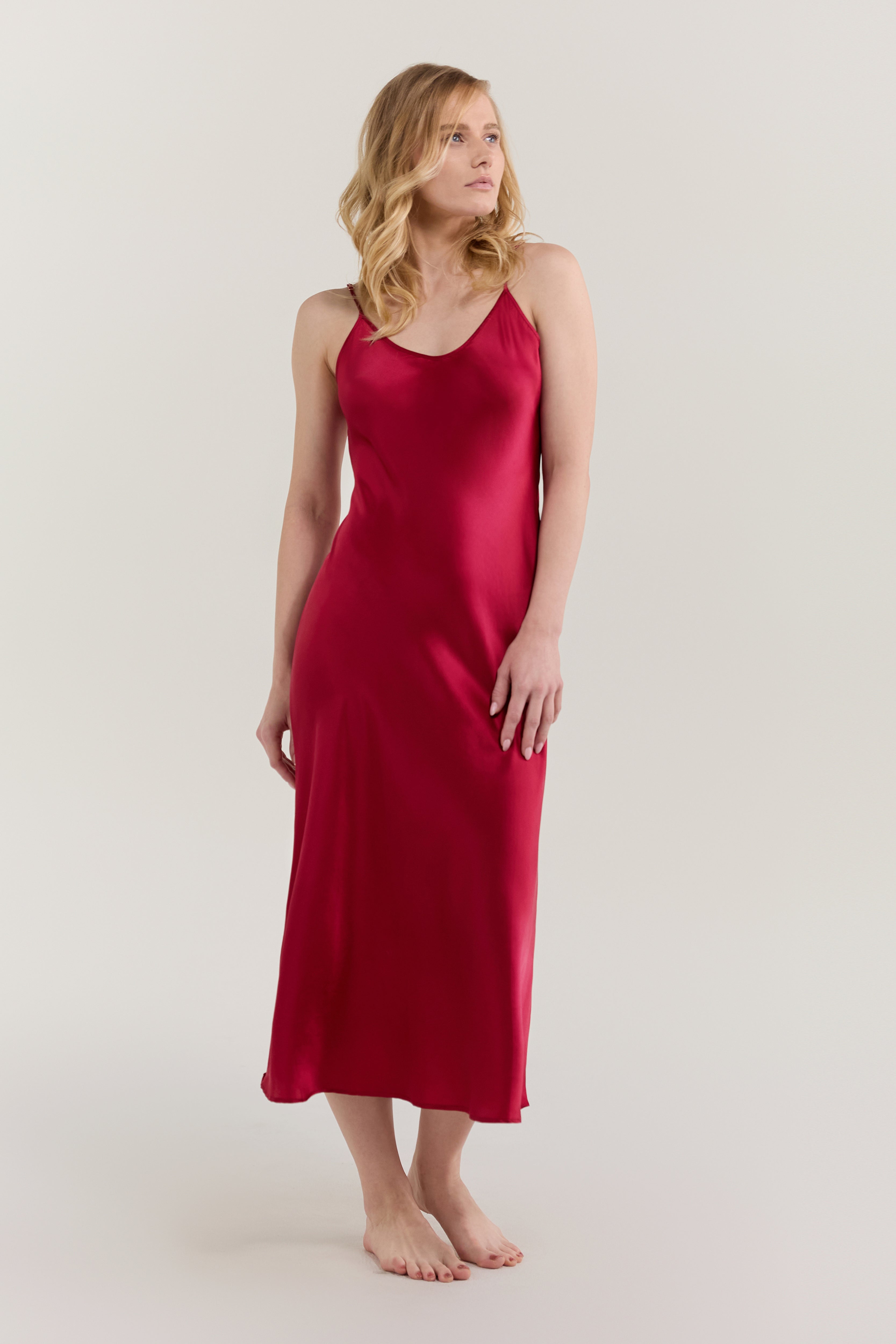 JasmiSilk Pure Silk Spaghetti Strap Long Dress In Burgundy Red XL JasmiSilk Pure Silk Spaghetti Strap Long Dress In Burgundy Red XL