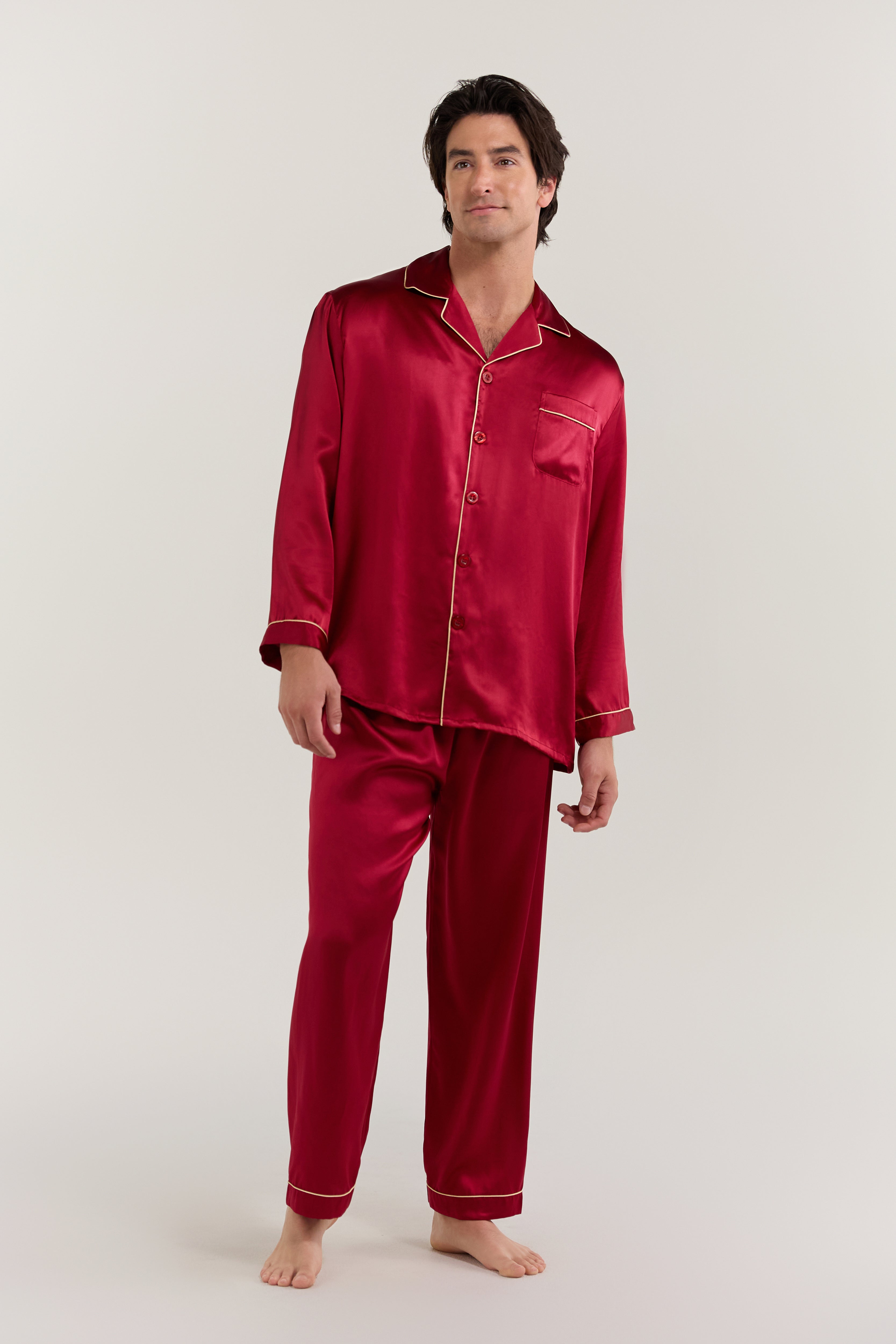 Men's Long-Sleeve Silk Pajamas Set In Burgundy Red – Jasmisilk