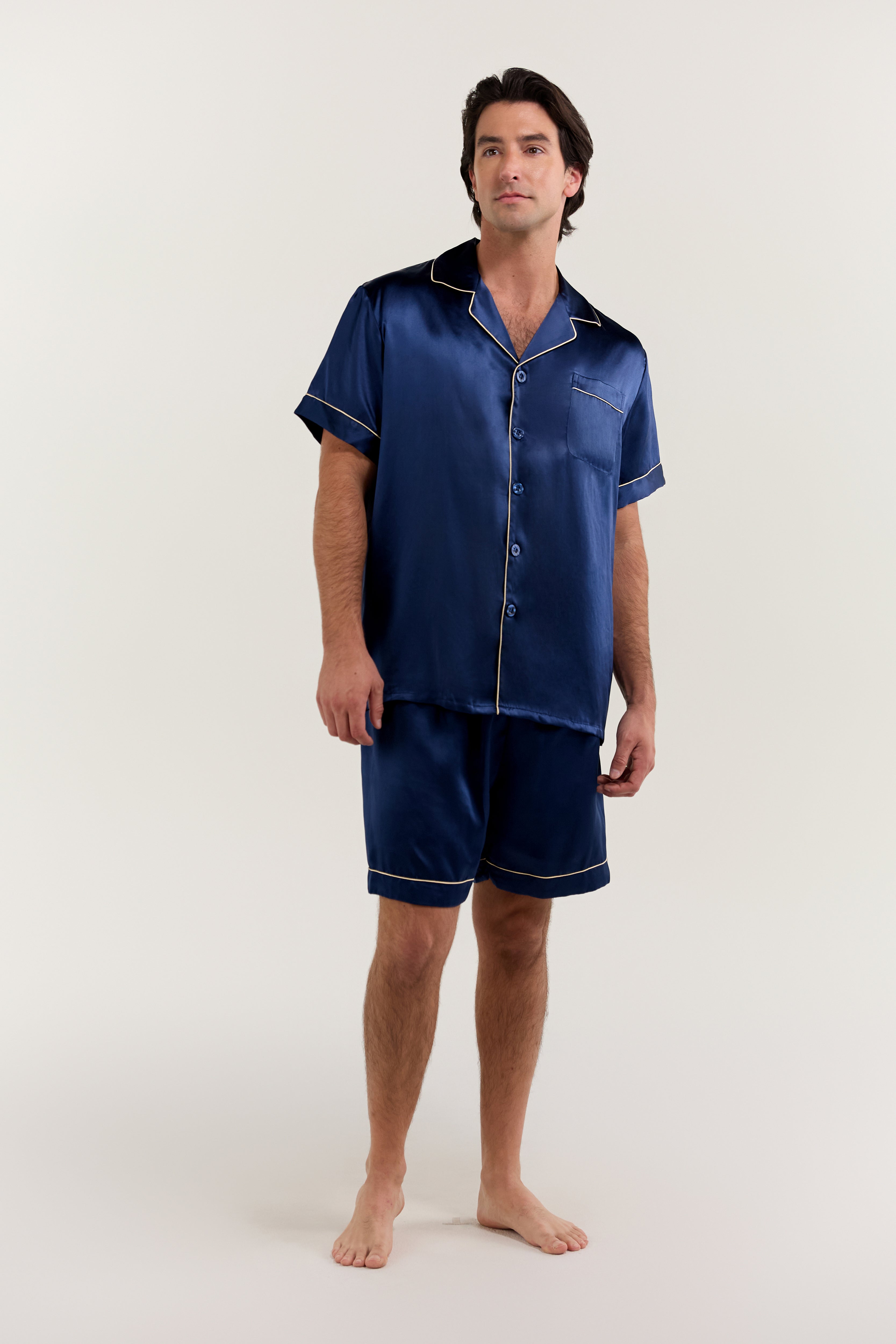 Men's Classic Short Silk Pajama Set In Navy Blue – Jasmisilk