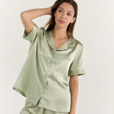 Women's Pure Silk Pajama Set - Short Sleeve Top & Pants In Avocado
