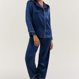Women’s Long-Sleeve & Pants Silk Pajama In Navy Blue
