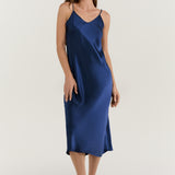 Pure Silk Spaghetti Strap Long Dress In Navy Blue