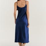 Pure Silk Spaghetti Strap Long Dress In Navy Blue