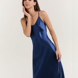 Pure Silk Spaghetti Strap Long Dress In Navy Blue