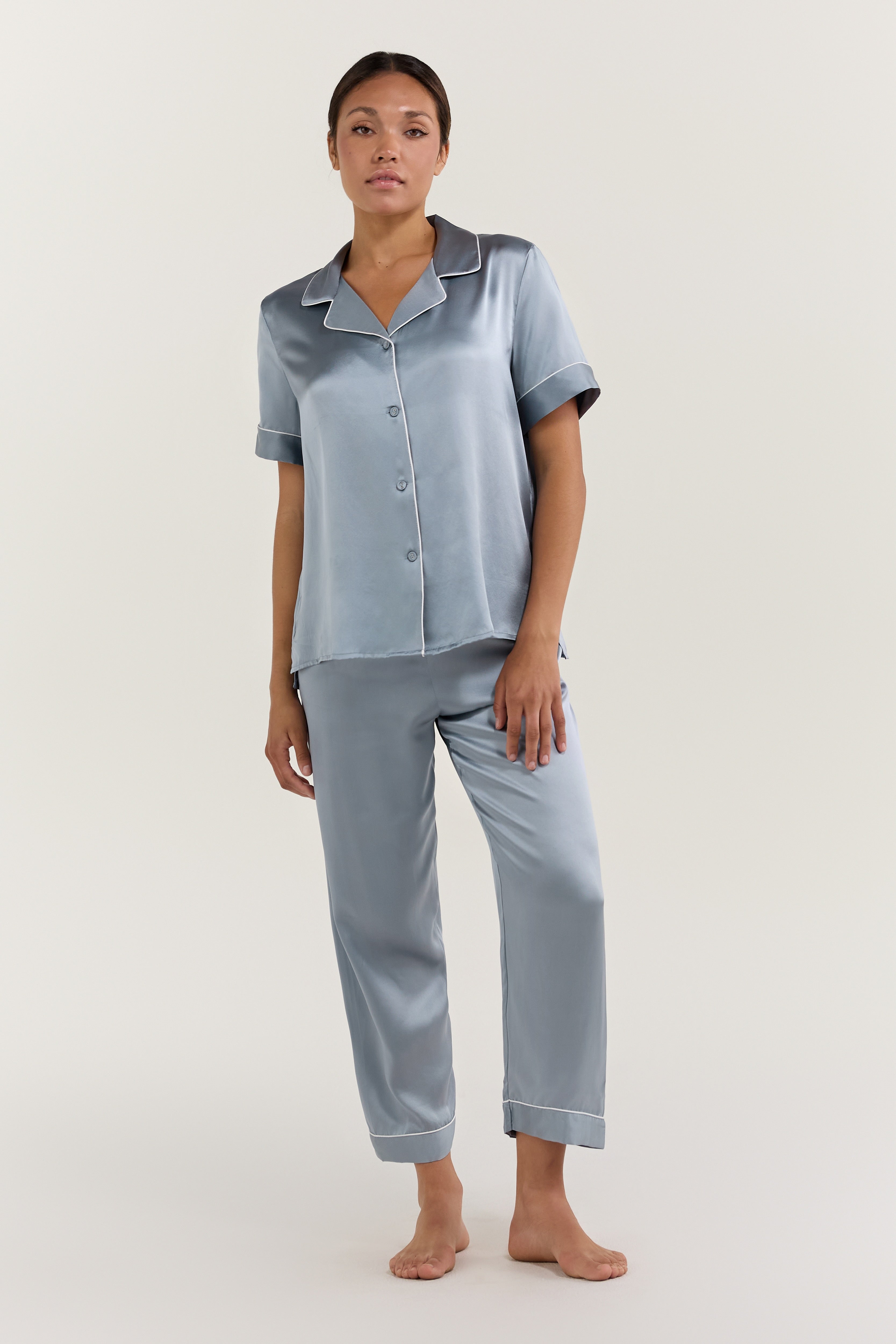 Women's Pure Silk Pajama Set Short Sleeve Top Long Pants In