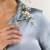 Women's Pure Silk Pajama Set - Short Sleeve Top & Long Pants In Haze Blue