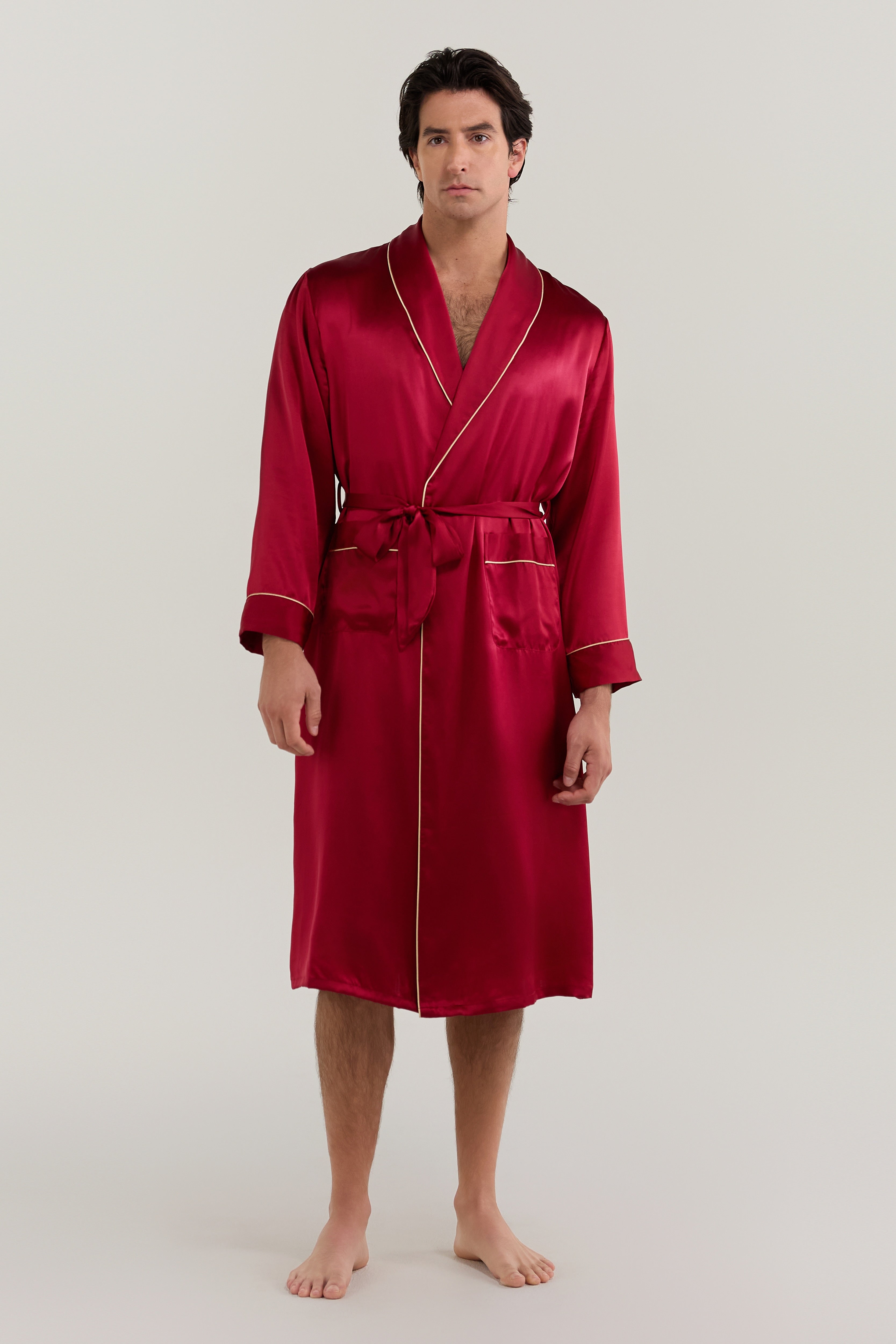 Jasmisilk Men’s Pure Silk Robe in Burgundy Red S