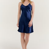 Pure Silk Spaghetti Strap Nightgown Slip Dress In Navy Blue