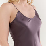 Close-up of neckline and fabric texture of Jasmisilk quartz purple pure silk spaghetti strap nightgown