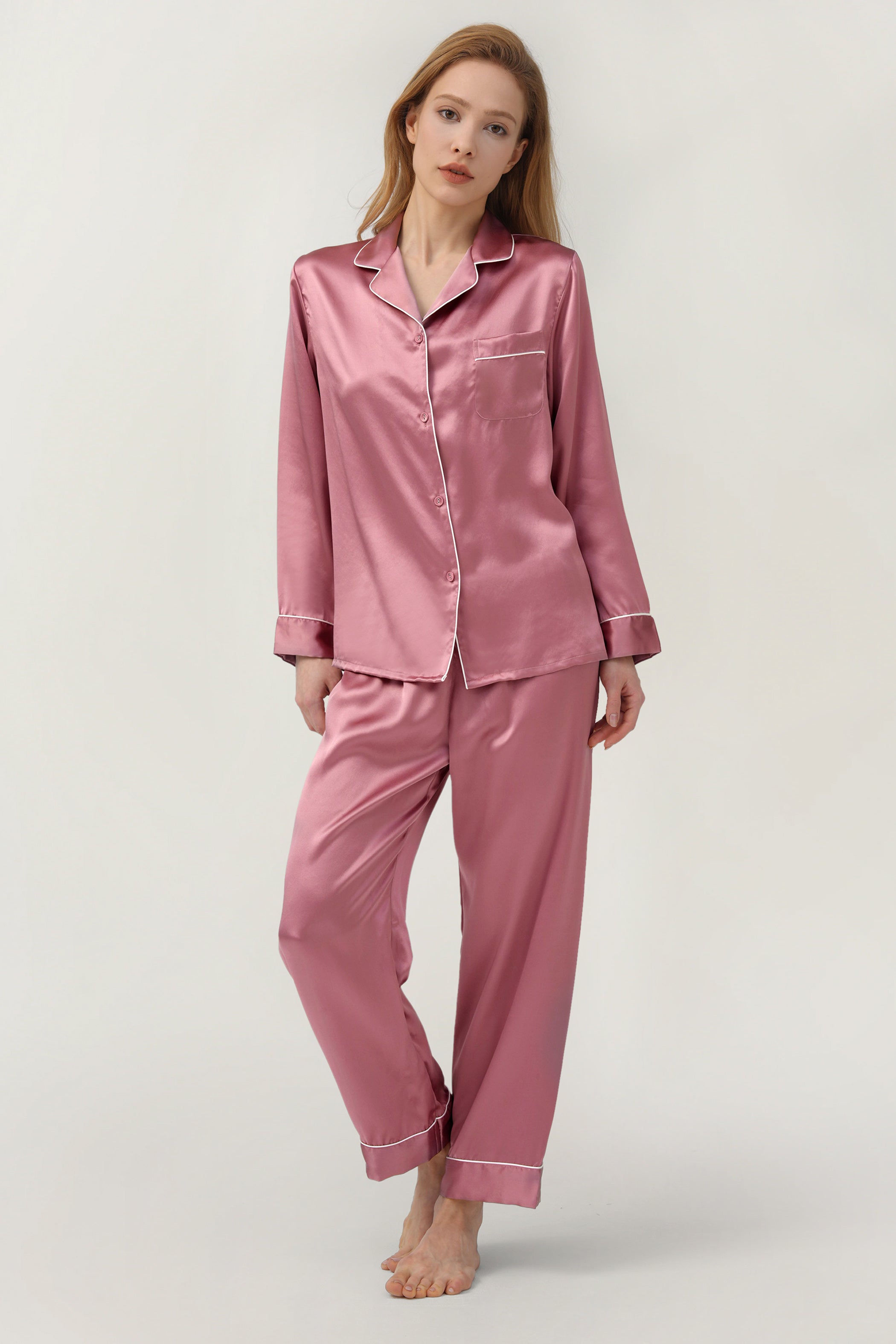 Women's Long-Sleeve & Pants Silk Pajama In Dusty Rose – Jasmisilk