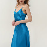 Pure Silk Spaghetti Strap Long Dress In Peacock