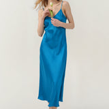 Pure Silk Spaghetti Strap Long Dress In Peacock