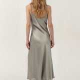 Pure Silk Spaghetti Strap Long Dress In Olive Green
