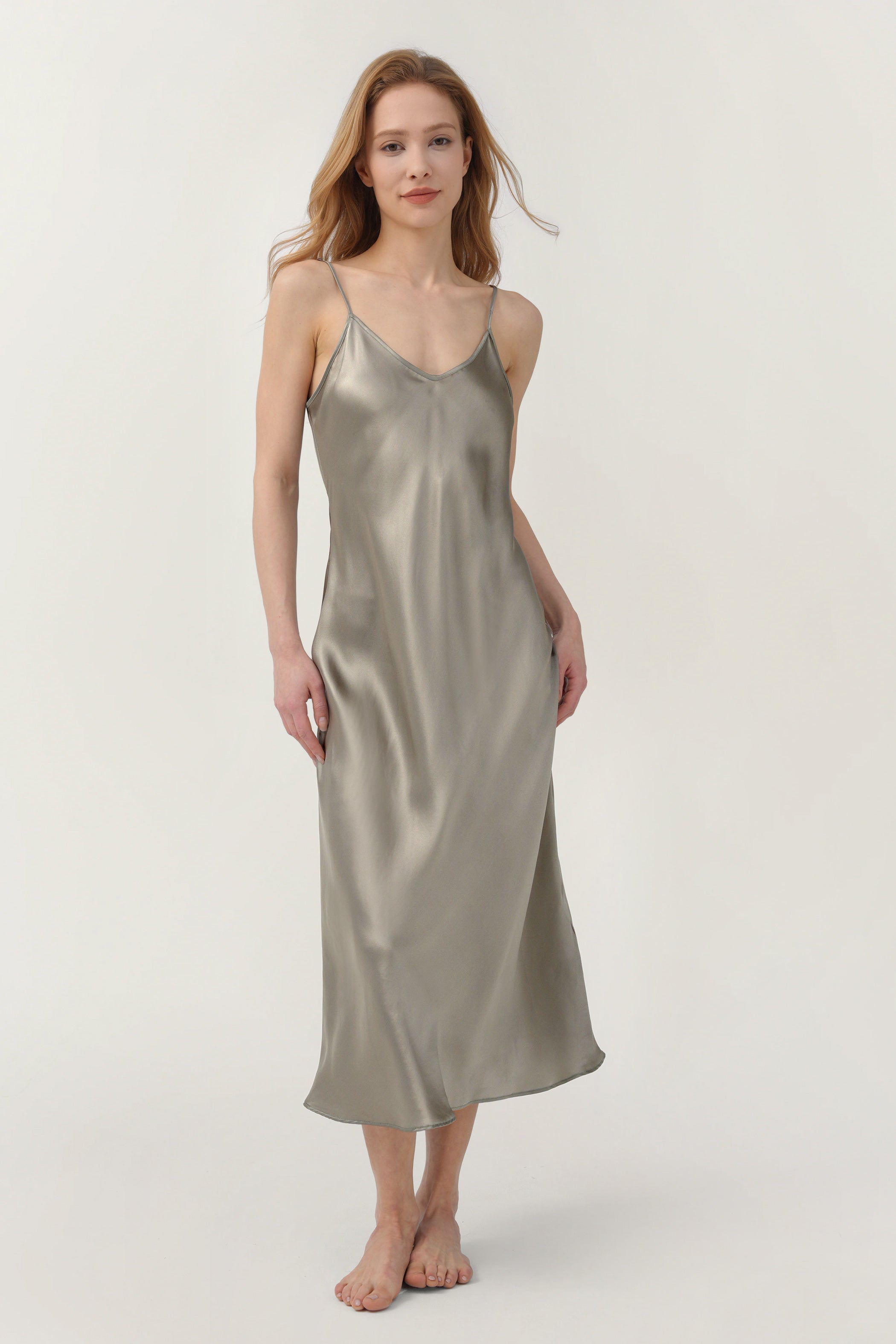 Spaghetti Straps A-line Long Dress With Slit Olive Green main image 1