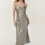 Pure Silk Spaghetti Strap Long Dress In Olive Green
