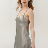 Pure Silk Spaghetti Strap Long Dress In Olive Green