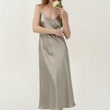 Pure Silk Spaghetti Strap Long Dress In Olive Green