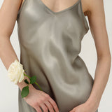 Pure Silk Spaghetti Strap Long Dress In Olive Green