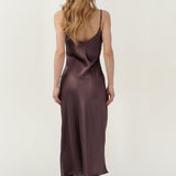 Pure Silk Spaghetti Strap Long Dress In Coffee