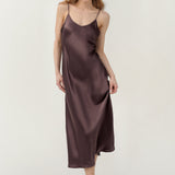 Pure Silk Spaghetti Strap Long Dress In Coffee