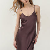 Pure Silk Spaghetti Strap Long Dress In Coffee