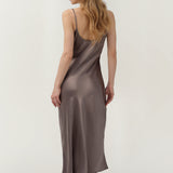 Pure Silk Spaghetti Strap Long Dress In Mocha
