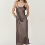 Pure Silk Spaghetti Strap Long Dress In Mocha