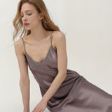Pure Silk Spaghetti Strap Long Dress In Mocha