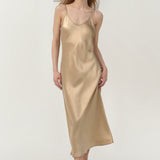 Pure Silk Spaghetti Strap Long Dress In Champagne