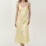 Pure Silk Spaghetti Strap Long Dress In Lemon