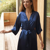 Women’s Pure Silk Mid-Length Robe In Navy Blue