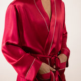 Men’s Pure Silk Short Robe with Trim In Burgundy Red