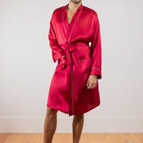 Men’s Pure Silk Short Robe with Trim In Burgundy Red