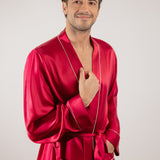 Men’s Pure Silk Short Robe with Trim In Burgundy Red